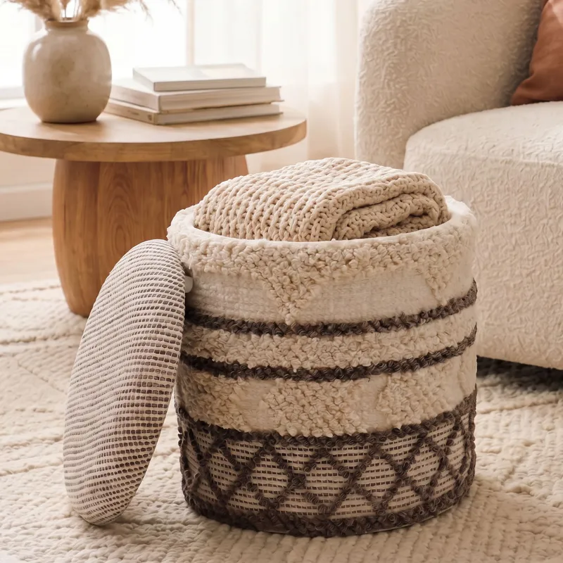 Volen Rund sittpuff med förvaring i ulltyg - beige - Textil & mattor - Filtar, kuddar & plädar - Filtar & plädar