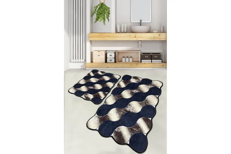 Badrumsmattset (2 delar) Sufia Mörkblå / Rany / Beige, Mörkblå / Rany / Beige
