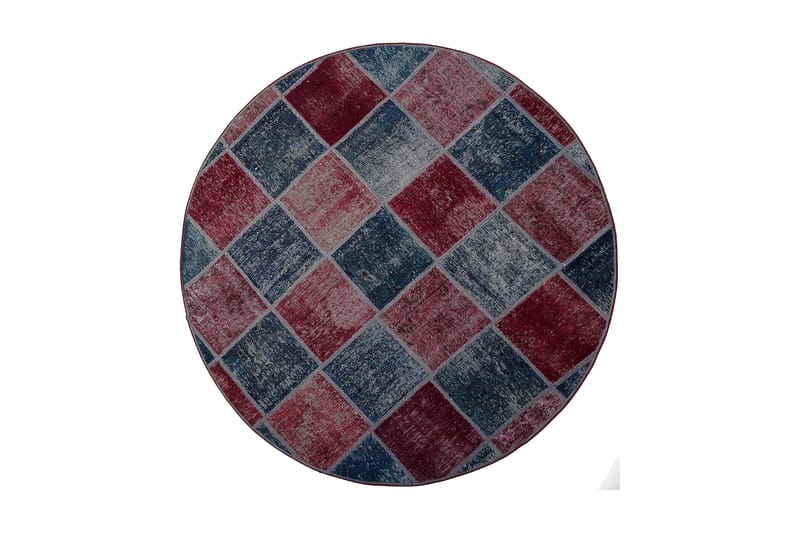 Handknuten Patchworkmatta Ull/Garn Röd/Blå 165x165cm - Patchwork matta - Handvävda mattor