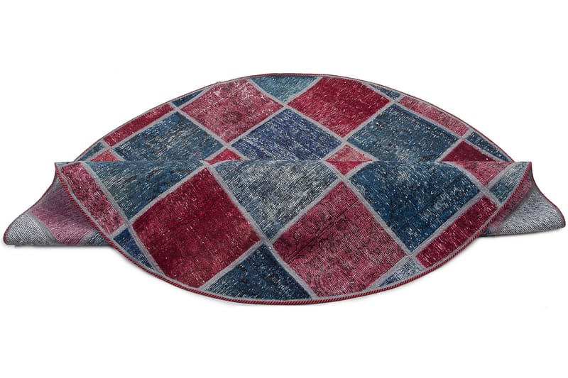 Handknuten Patchworkmatta Ull/Garn Röd/Blå 165x165cm - Patchwork matta - Handvävda mattor