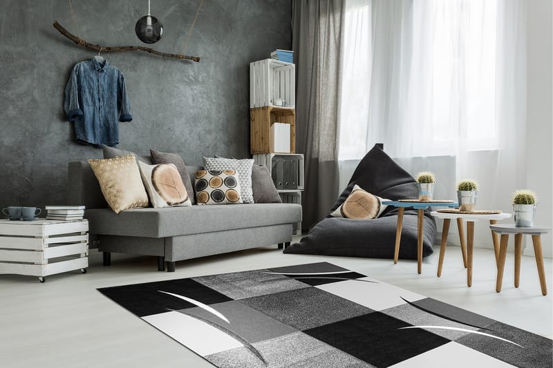 London Patch Friezematta 133x190 Rutig - Svart - Textil & mattor - Mattor - Modern matta - Wiltonmattor
