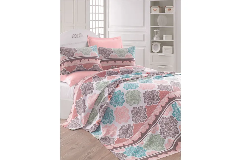 Eponj Home Överkast Dubbelt 200x235 cm, Turkos/Rosa/Creme
