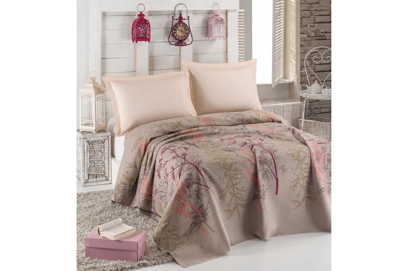 Eponj Home Överkast Enkelt 160x235 cm, Beige/Röd/Rosa/Grön