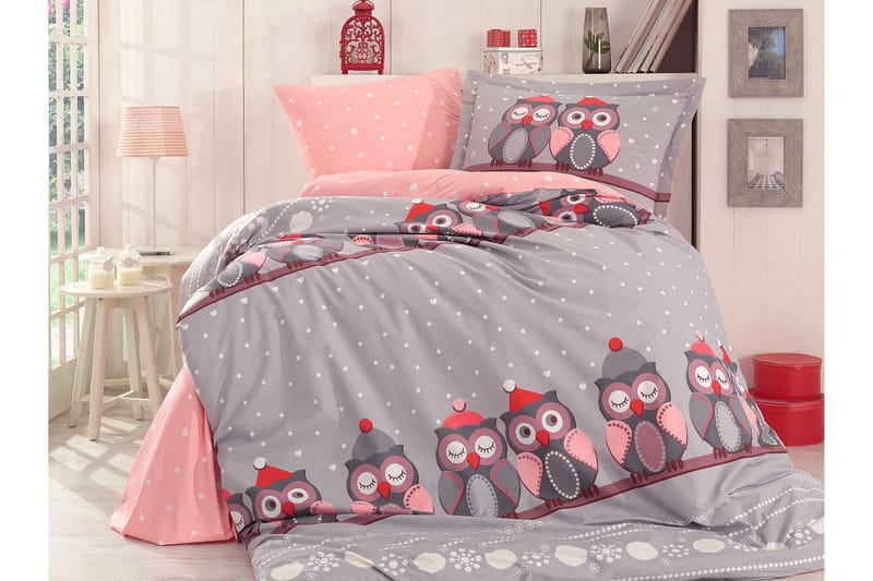 Hobby Bäddset Enkelt 3-dels Poplin, Grå/Rosa/Vit/Röd