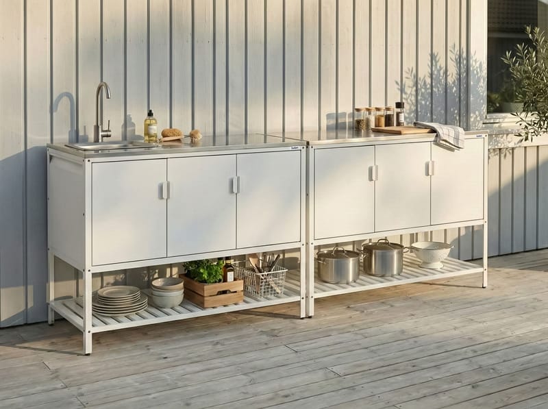 2-Delat Utekök med Vask Maenza Stål - Vit/Svart - Trädgård & spabad - Grillar & matlagning utomhus - Utekök - Färdiga utekök