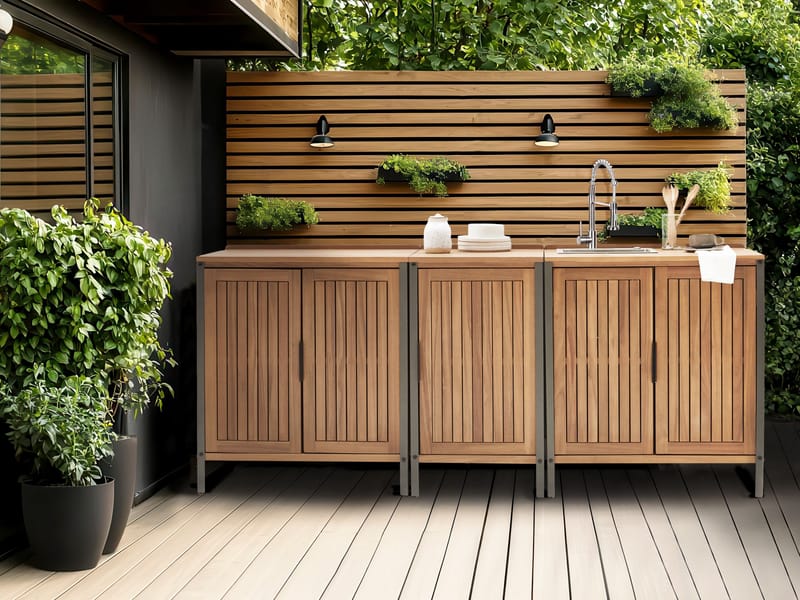 3-Delat Utekök med Vask Ivrea Akaciaträ - Brun/Grå/Silver - Trädgård & spabad - Grillar & matlagning utomhus - Utekök - Färdiga utekök