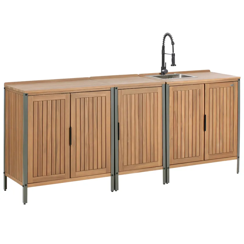 3-Delat Utekök med Vask Ivrea Akaciaträ, Brun/Grå/Svart