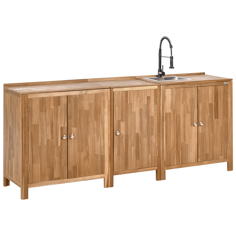 3-Delat Utekök med Vask Venosa Akaciaträ, Brun/Silver/Svart