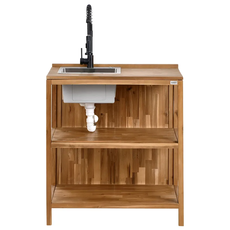 3-Delat Utekök med Vask Venosa Akaciaträ - Brun/Svart/Silver - Trädgård & spabad - Grillar & matlagning utomhus - Utekök - Färdiga utekök