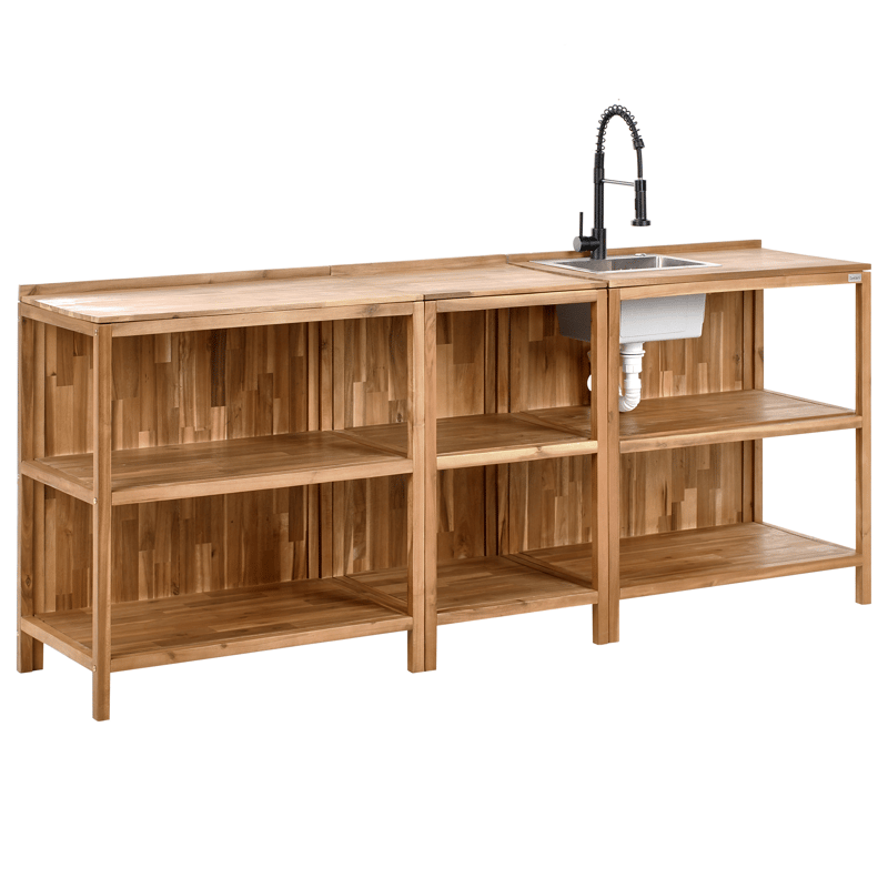 3-Delat Utekök med Vask Venosa Akaciaträ, Brun/Svart/Silver