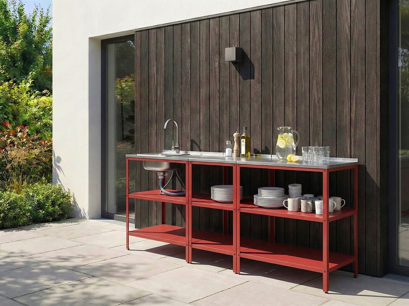 3-Delat Utekök med Vask Vilama Stål - Röd/Silver - Trädgård & spabad - Grillar & matlagning utomhus - Utekök - Färdiga utekök