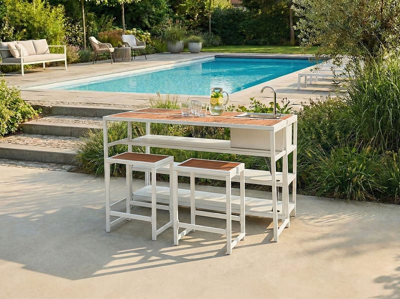 Köksö med Vask För Utomhusbruk Avetrana - Vit/Brun - Trädgård & spabad - Grillar & matlagning utomhus - Utekök - Färdiga utekök