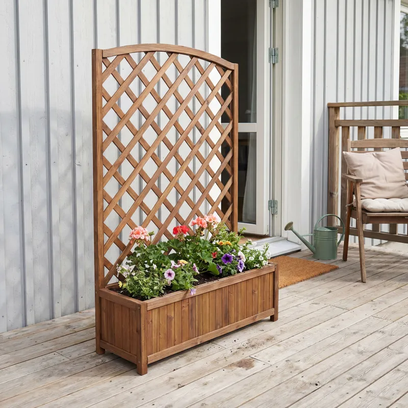 Blomlåda med spalje i trä | 80×30×120 cm | För klätterväxter | Brun, undefined