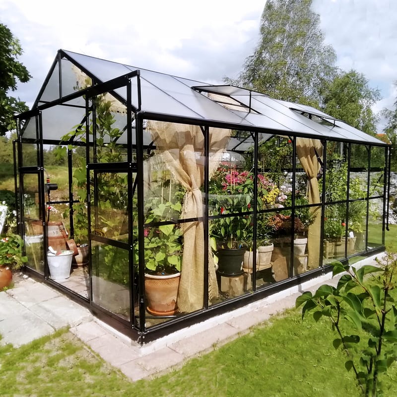 Glasväxthus 11,1m² | 4mm säkerhetsglas | 5 års stormgaranti | Svart, undefined