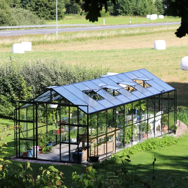 Glasväxthus 17,5 m² | 5 års stormgaranti | 4mm säkerhetsglas | Svart - Trädgård & spabad - Trädgårdsskötsel - Växthus