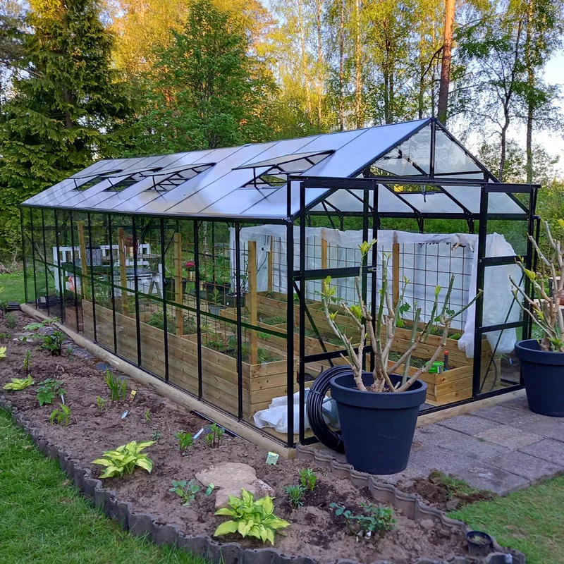Glasväxthus 17,5 m² | 5 års stormgaranti | 4mm säkerhetsglas | Svart - Trädgård & spabad - Trädgårdsskötsel - Växthus