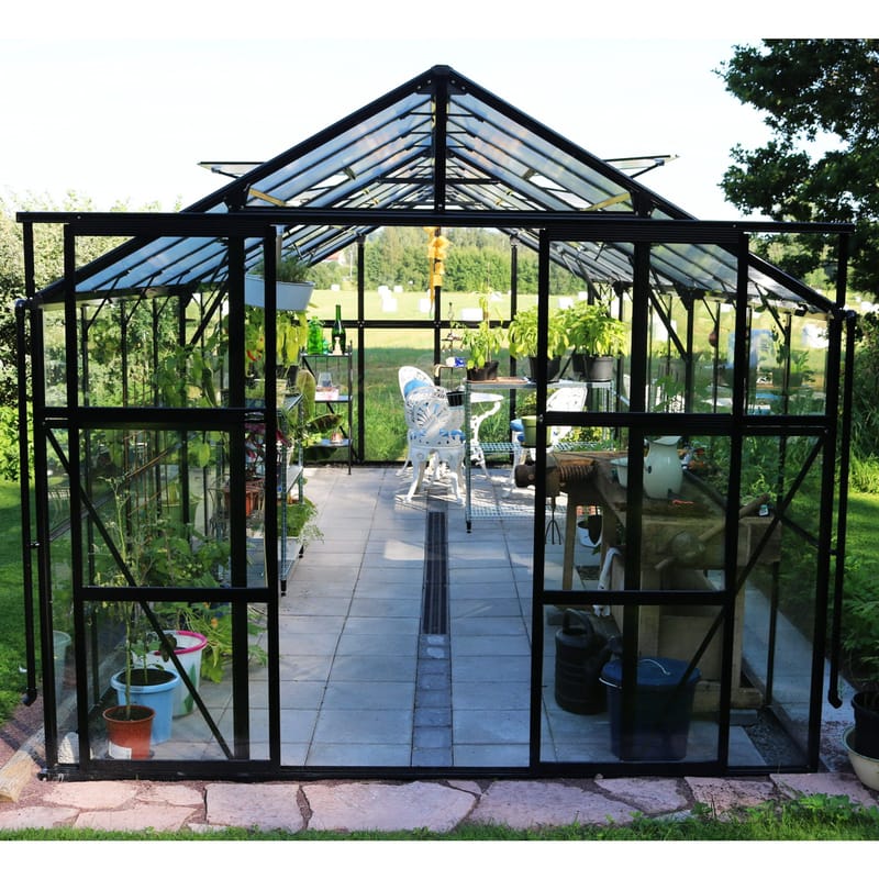 Glasväxthus 17,5 m² | 5 års stormgaranti | 4mm säkerhetsglas | Svart - Trädgård & spabad - Trädgårdsskötsel - Växthus
