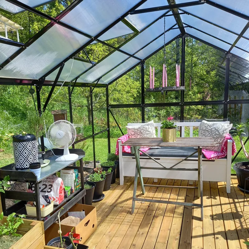 Glasväxthus 17,5 m² | 5 års stormgaranti | 4mm säkerhetsglas | Svart - Trädgård & spabad - Trädgårdsskötsel - Växthus
