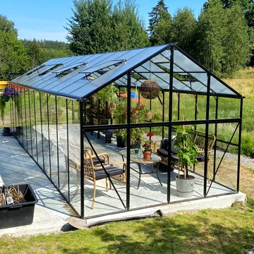 Glasväxthus 19m² | 5 års stormgaranti | 4mm säkerhetsglas | Svart - Trädgård & spabad - Trädgårdsskötsel - Växthus