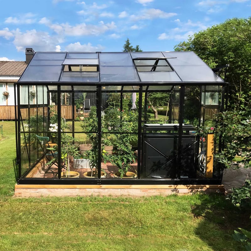 Glasväxthus 8,0m² | 5 års stormgaranti | 4mm säkerhetsglas | Svart - Trädgård & spabad - Trädgårdsskötsel - Växthus