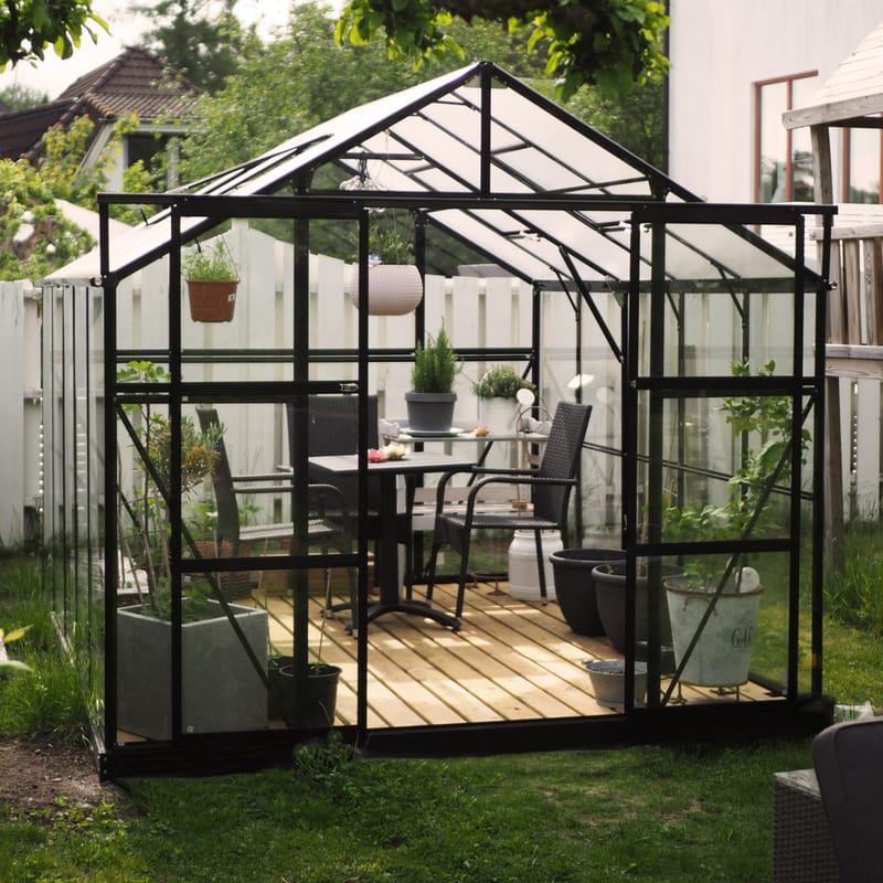 Glasväxthus 8,0m² | 5 års stormgaranti | 4mm säkerhetsglas | Svart - Trädgård & spabad - Trädgårdsskötsel - Växthus