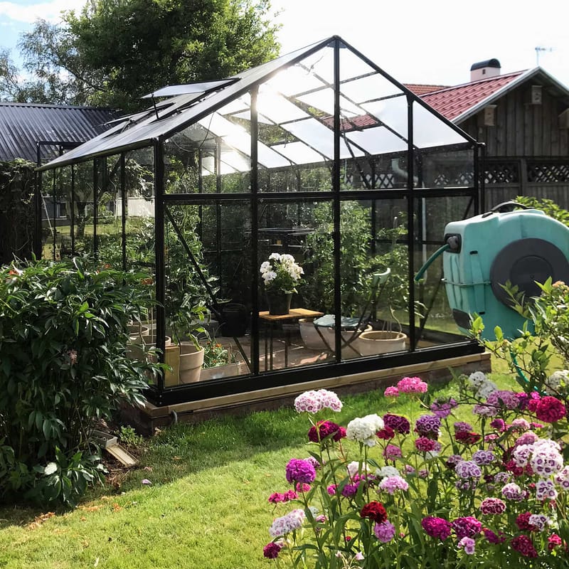 Glasväxthus 8,0m² | 5 års stormgaranti | 4mm säkerhetsglas | Svart - Trädgård & spabad - Trädgårdsskötsel - Växthus