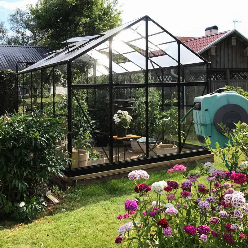 Glasväxthus 8,0m² | 5 års stormgaranti | 4mm säkerhetsglas | Svart - Trädgård & spabad - Trädgårdsskötsel - Växthus