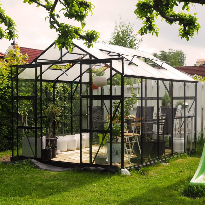 Glasväxthus 8,0m² | 5 års stormgaranti | 4mm säkerhetsglas | Svart - Trädgård & spabad - Trädgårdsskötsel - Växthus