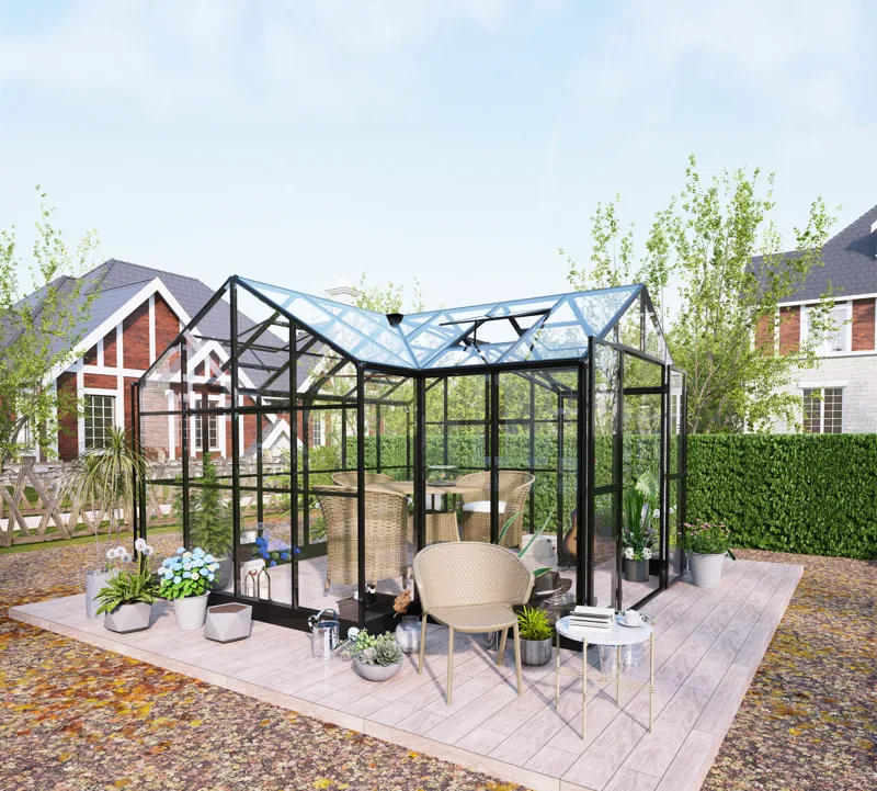 T-format växthus 12,4m² | 4mm säkerhetsglas & 6mm kanalplast | 5 års ramgaranti, undefined