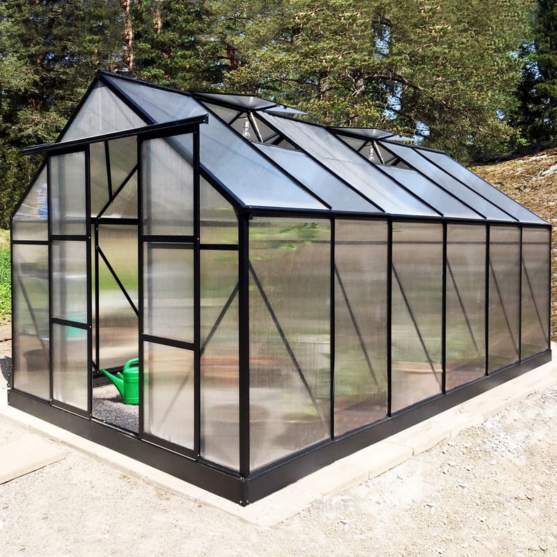 Växthus 10,7m² | 6mm kanalplast | Hög odlingshöjd | Svart, undefined