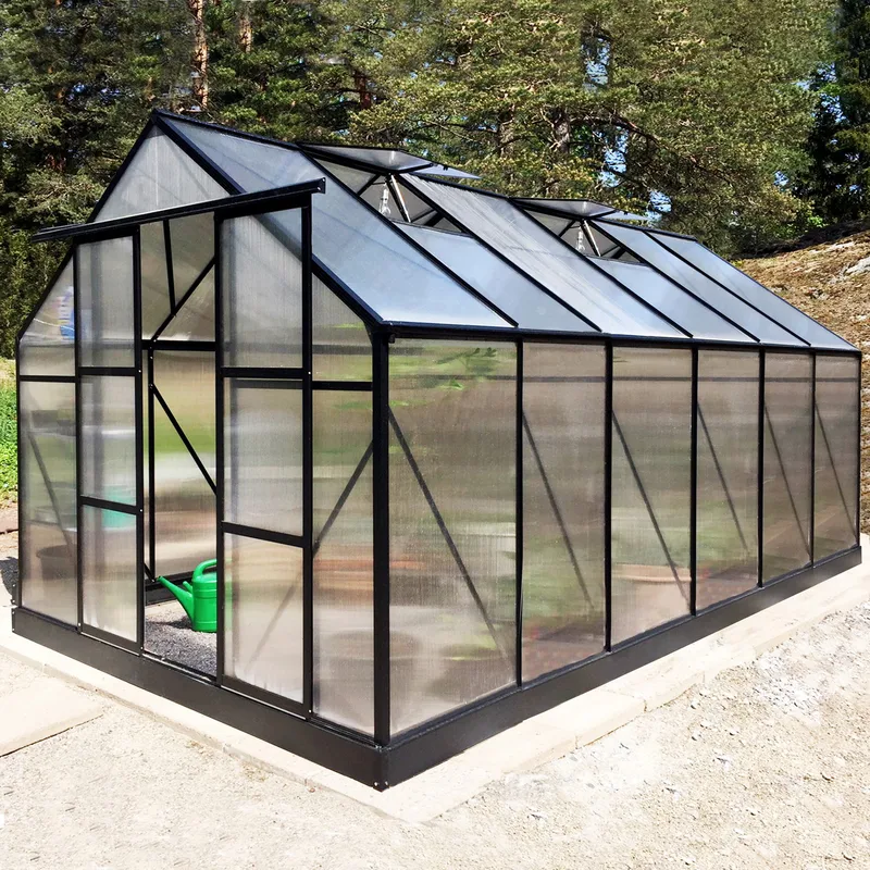 Växthus 10,7m² | 6mm kanalplast | Hög odlingshöjd | Svart, undefined