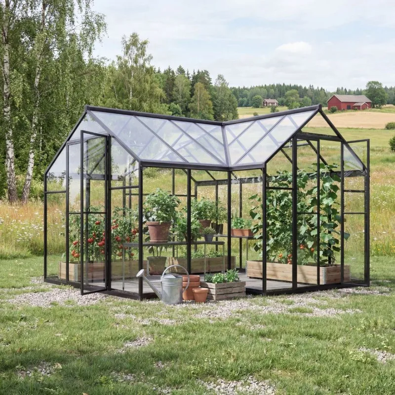 Växthus 11,8 m² | Härdat glas & kanalplast | Svart aluminium | Titania, undefined