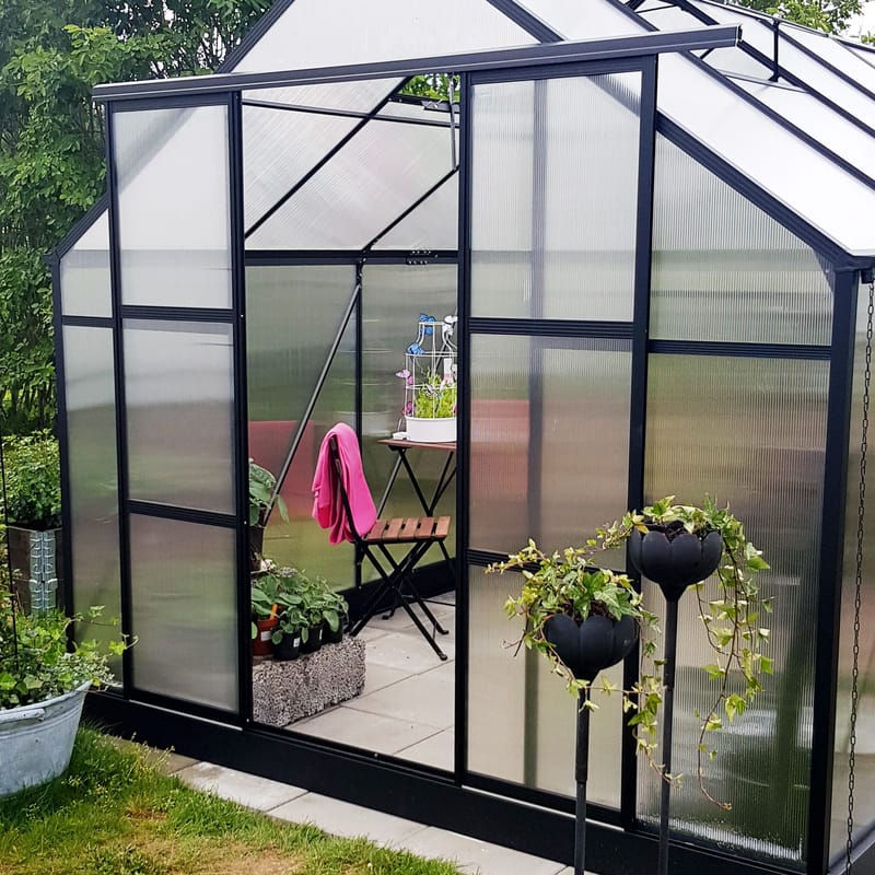 Växthus 12,4m² | 6mm Kanalplast | Hög odlingshöjd | Svart - Trädgård & spabad - Trädgårdsskötsel - Växthus