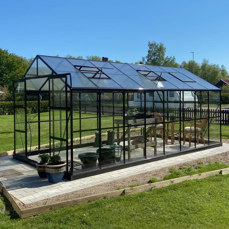 Växthus 12,7m² | 5 års stormgaranti | 4mm säkerhetsglas | Svart - Trädgård & spabad - Trädgårdsskötsel - Växthus