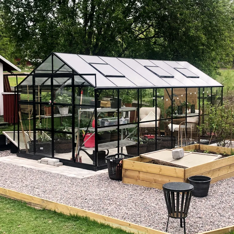 Växthus 12,7m² | 5 års stormgaranti | 4mm säkerhetsglas | Svart - Trädgård & spabad - Trädgårdsskötsel - Växthus