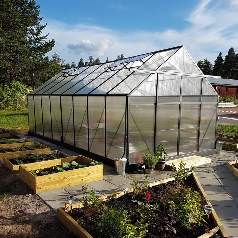 Växthus 18m² Premium | Extra hög odlingshöjd | 6mm kanalplast | Svart - Trädgård & spabad - Trädgårdsskötsel - Växthus