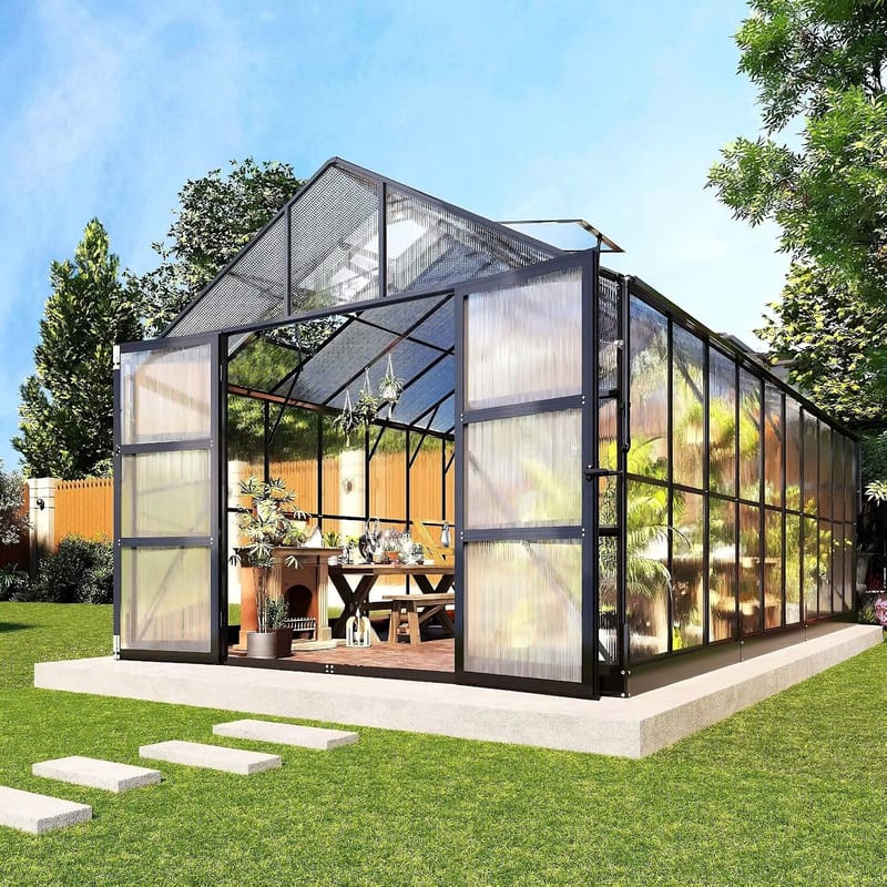 Växthus 18m² Premium | Extra hög odlingshöjd | 6mm kanalplast | Svart, undefined