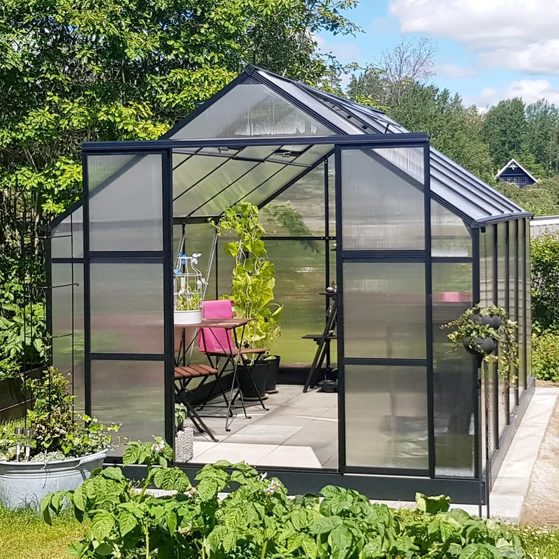 Växthus 8,9m² | 6mm kanalplast | Hög odlingshöjd | Svart - Trädgård & spabad - Trädgårdsskötsel - Växthus