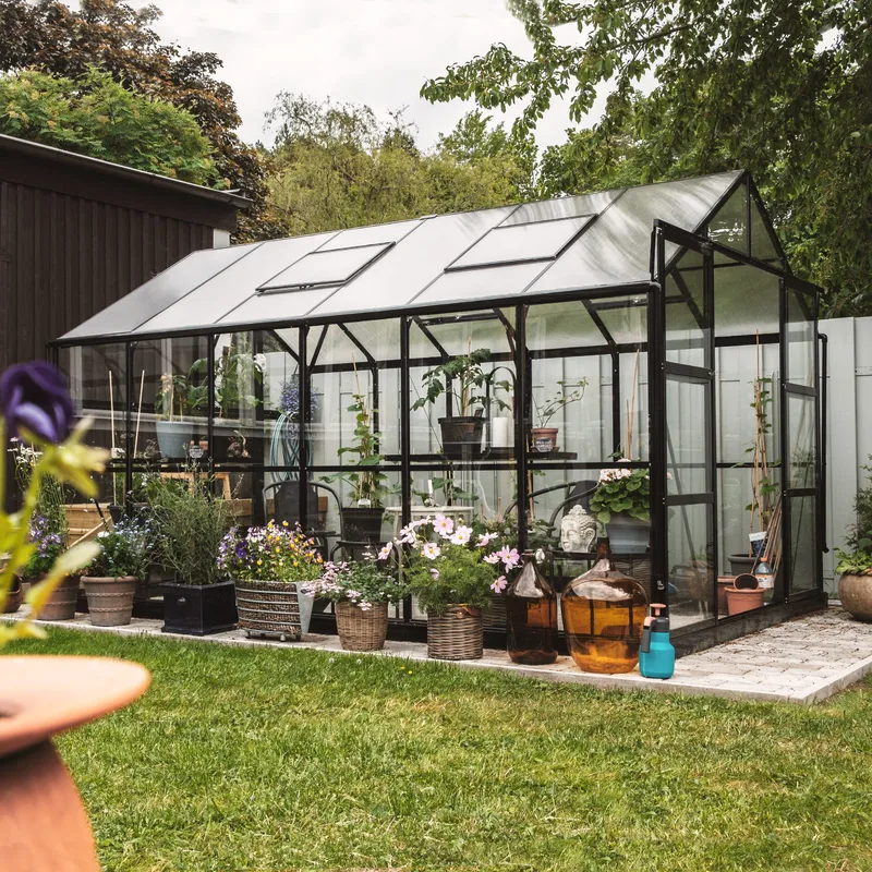 Växthus 9,6 m² | 4mm säkerhetsglas | 5 års stormgaranti | Svart - Trädgård & spabad - Trädgårdsskötsel - Växthus
