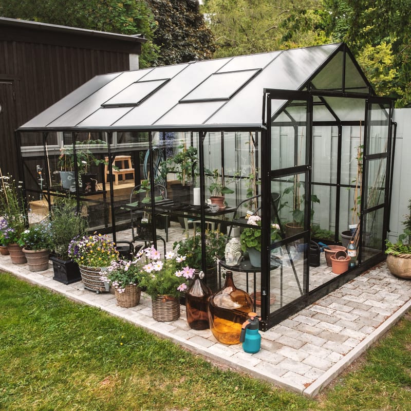 Växthus 9,6 m² | 4mm säkerhetsglas | 5 års stormgaranti | Svart - Trädgård & spabad - Trädgårdsskötsel - Växthus