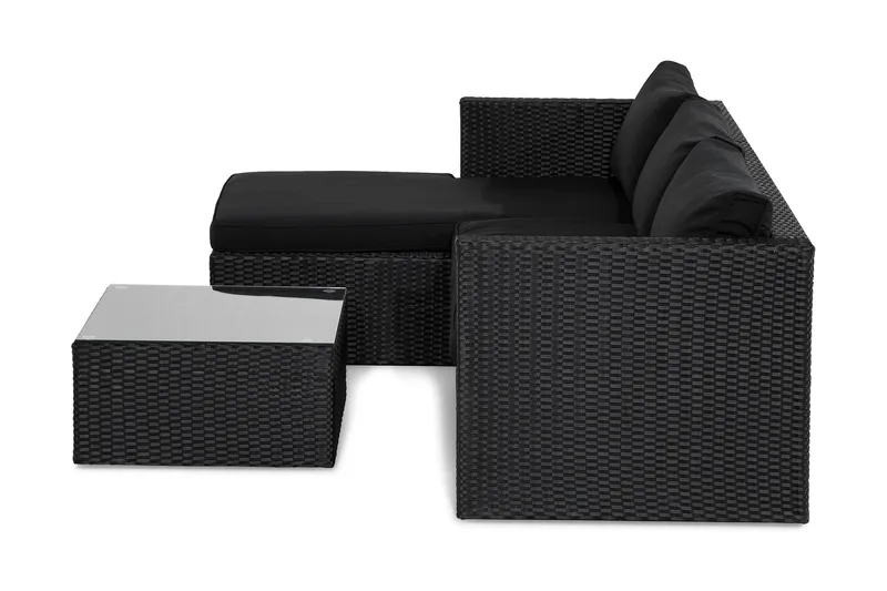 Mendoza l-formad 4-sits soffgrupp i konstrotting för altan och terrass - Svart / Svarta dynor - Trädgård & spabad - Utemiljö - Altan & terrass - Altanmöbler