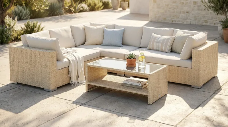 Bahamas L-formad utesoffa höger, 6-sits med bord och hylla - Beige - Trädgård & spabad - Utemiljö - Altan & terrass - Altanmöbler