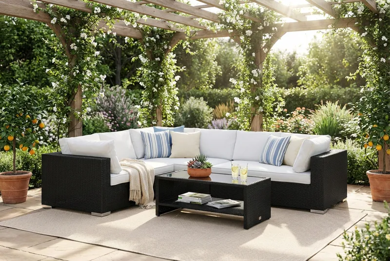 Bahamas L-formad utesoffa höger, 6-sits med bord och hylla - Svart - Trädgård & spabad - Utemiljö - Altan & terrass - Altanmöbler