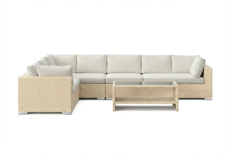Bahamas L-formad utesoffa höger, 7-sits med bord och hylla - Beige - Trädgård & spabad - Utemiljö - Altan & terrass - Altanmöbler