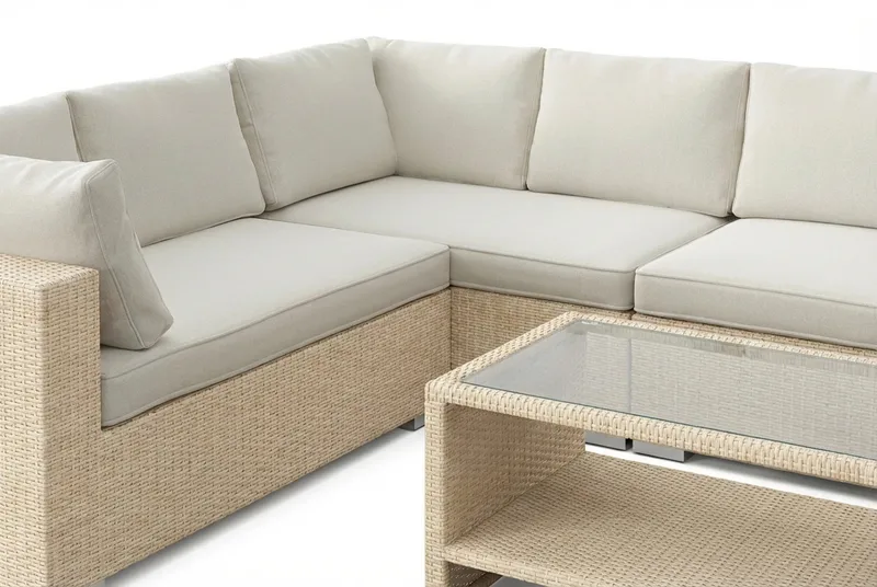 Bahamas L-formad utesoffa höger, 7-sits med bord och hylla - Beige - Trädgård & spabad - Utemiljö - Altan & terrass - Altanmöbler