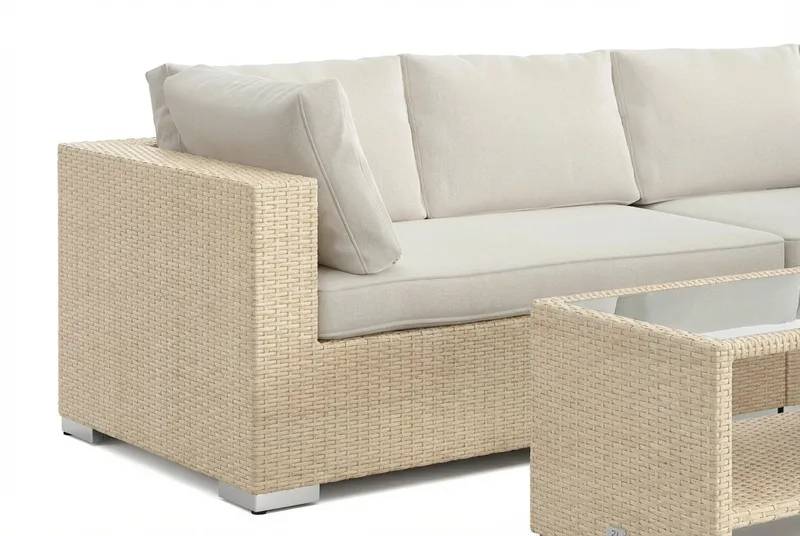 Bahamas L-formad utesoffa vänster, 6-sits med bord och hylla - Beige - Trädgård & spabad - Utemiljö - Altan & terrass - Altanmöbler