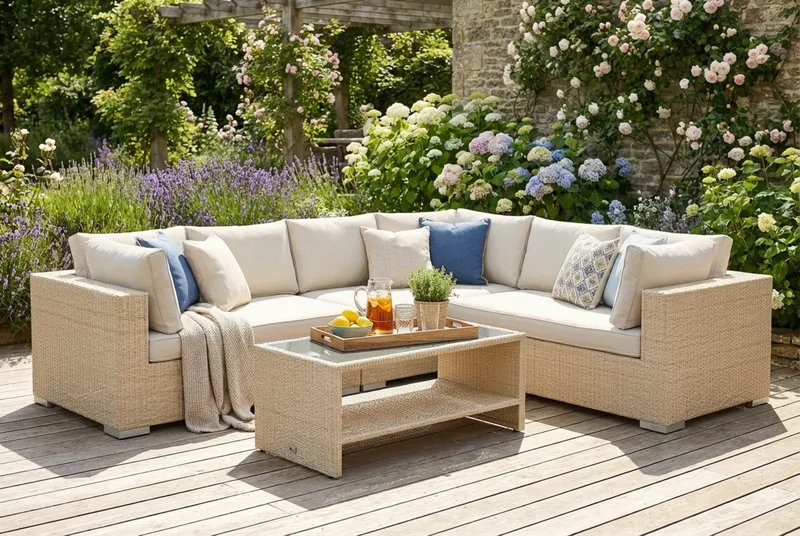 Bahamas L-formad utesoffa vänster, 6-sits med bord och hylla - Beige - Trädgård & spabad - Utemiljö - Altan & terrass - Altanmöbler