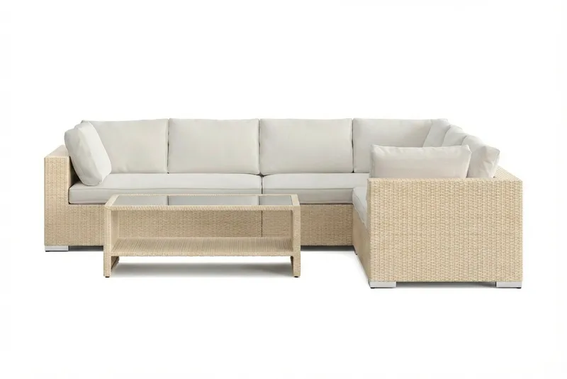 Bahamas L-formad utesoffa vänster, 6-sits med bord och hylla - Beige - Trädgård & spabad - Utemiljö - Altan & terrass - Altanmöbler