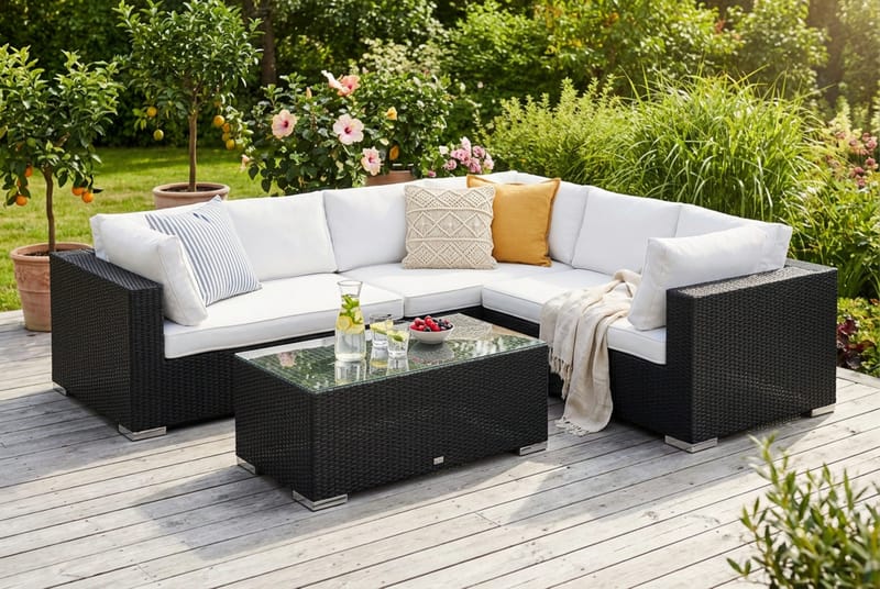 Bahamas L-formad utesoffa vänster, 6-sits med bord - Svart - Trädgård & spabad - Utemiljö - Altan & terrass - Altanmöbler