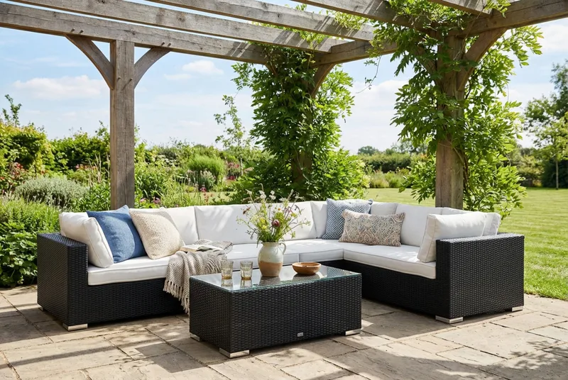 Bahamas L-formad utesoffa vänster, 7-sits med bord - Svart - Trädgård & spabad - Utemiljö - Altan & terrass - Altanmöbler